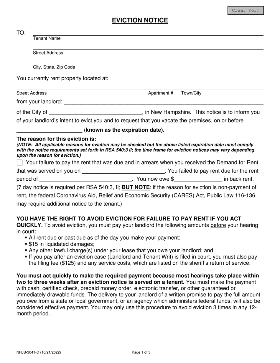Form NHJB-3041-D Eviction Notice - New Hampshire, Page 1
