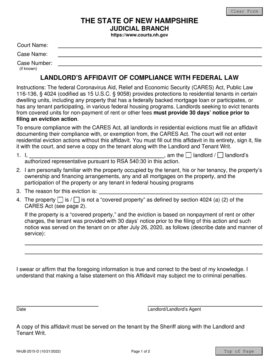 Form NHJB-2515-D Landlords Affidavit of Compliance With Federal Law - New Hampshire, Page 1