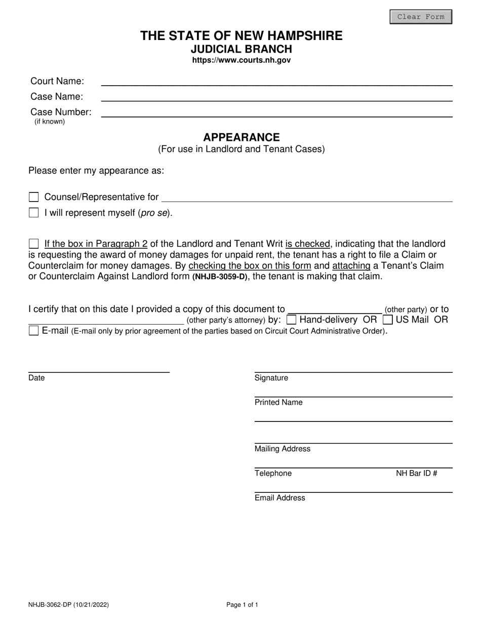 Form NHJB-3062-DP Landlord-Tenant Appearance - New Hampshire, Page 1