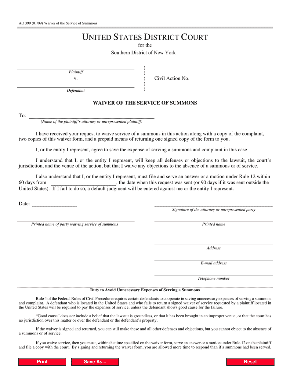 Form AO399 Waiver of the Service of Summons - New York, Page 1
