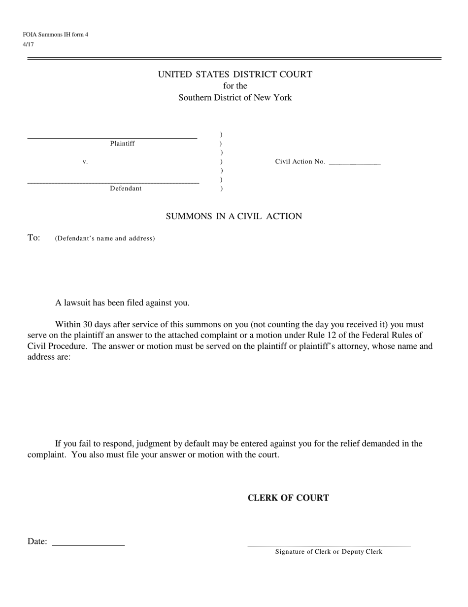 Form 4 Summons in a Civil Action (Foia) - New York, Page 1