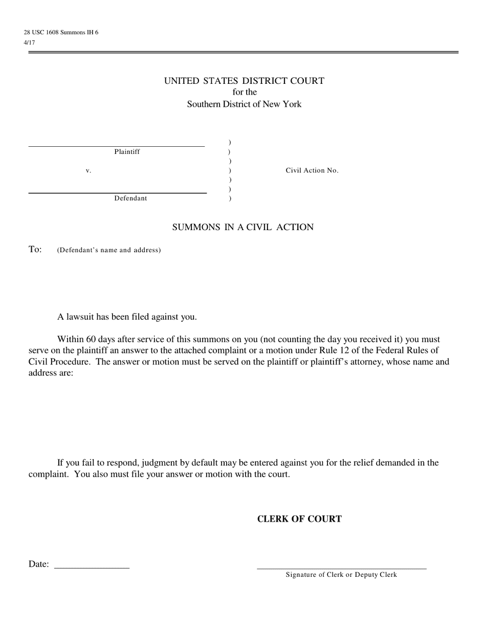 Summons in a Civil Case - 28 Usc 1608 - New York, Page 1