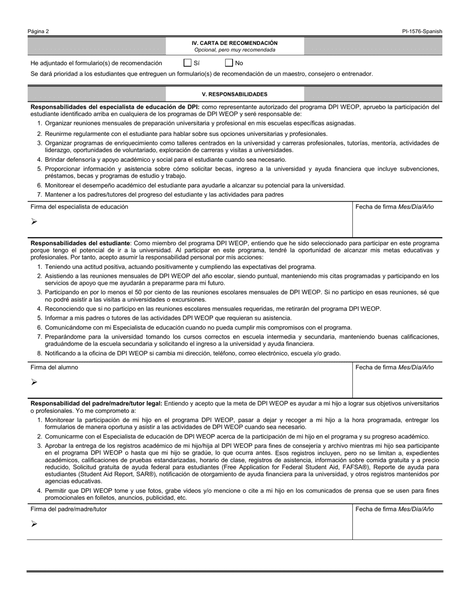 Formulario PI-1576 Solicitud De Inscripcion Del Estudiante - Programa De Oportunidad Educativa De Wisconsin (Weop) - Wisconsin (Spanish), Page 2