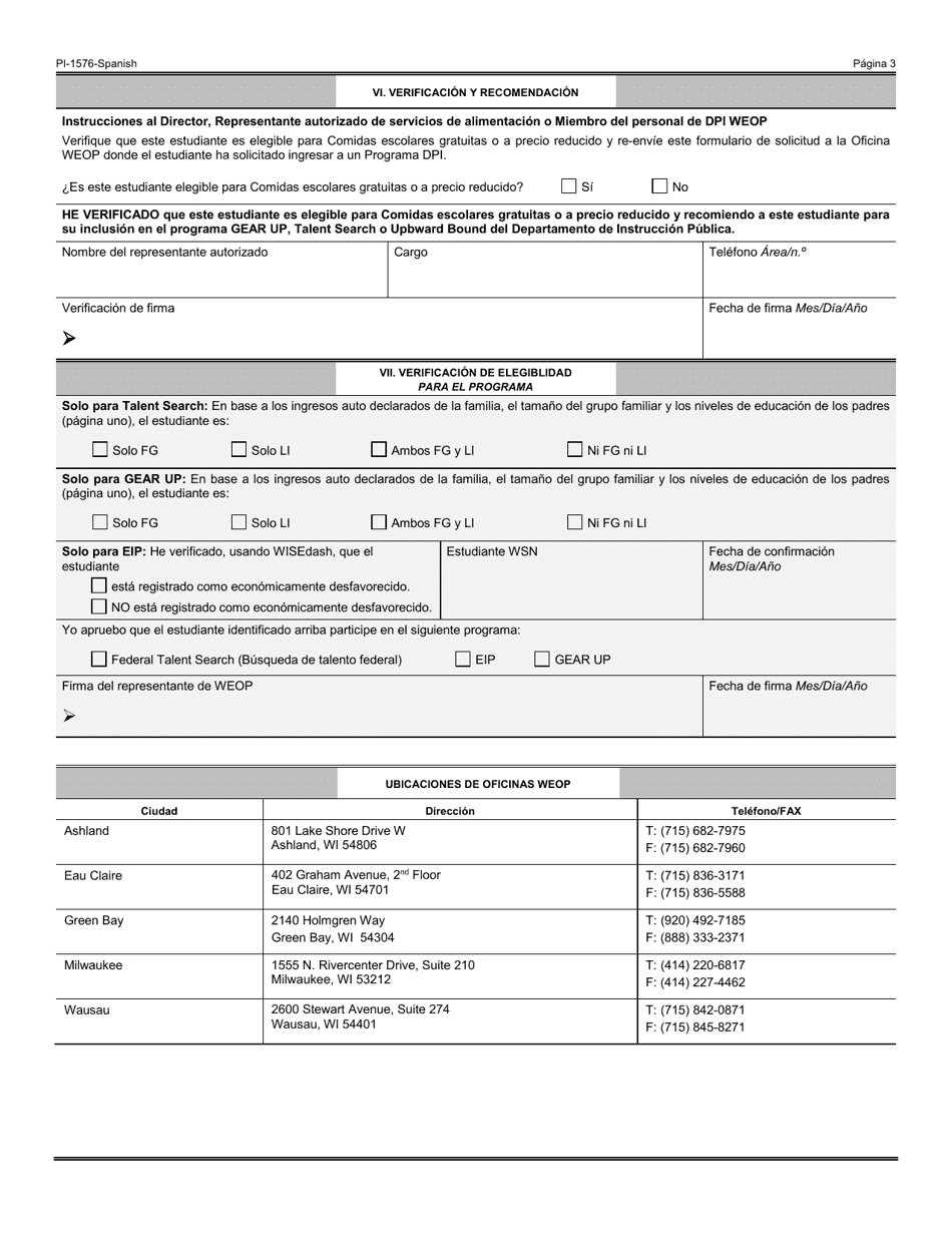 Formulario PI-1576 Solicitud De Inscripcion Del Estudiante - Programa De Oportunidad Educativa De Wisconsin (Weop) - Wisconsin (Spanish), Page 3