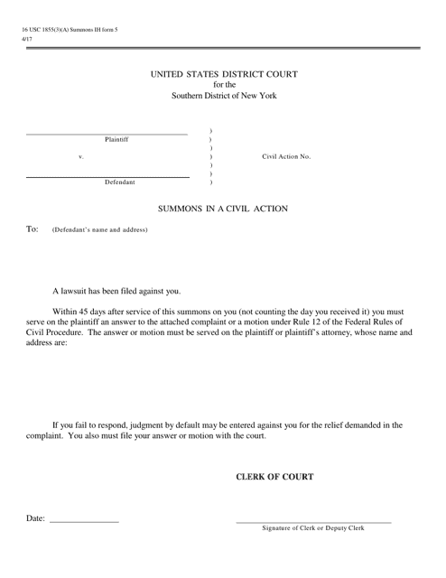 Form 5 Summons in a Civil Case - 16 Usc 1855(3)(A) - New York
