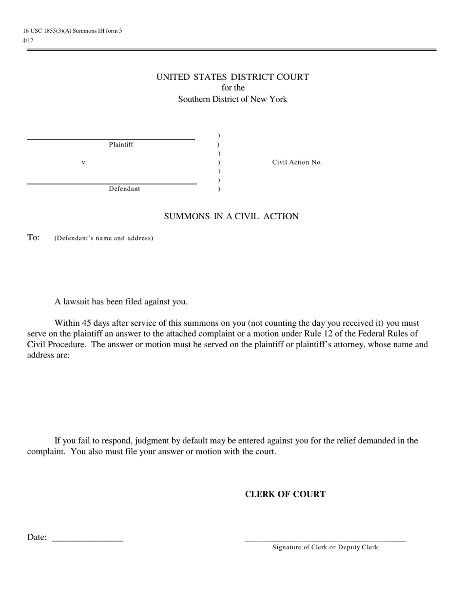 Form 5 Summons in a Civil Case - 16 Usc 1855(3)(A) - New York, Page 1