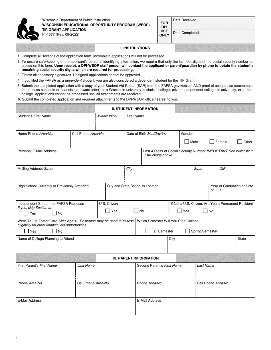 Form PI-1577 Tip Grant Application - Wisconsin Educational Opportunity Program (Weop) - Wisconsin, Page 1