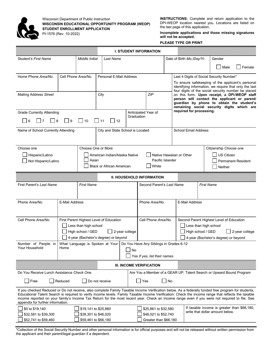 Form WI-1576 Student Enrollment Application - Wisconsin Educational Opportunity Program (Weop) - Wisconsin, Page 1
