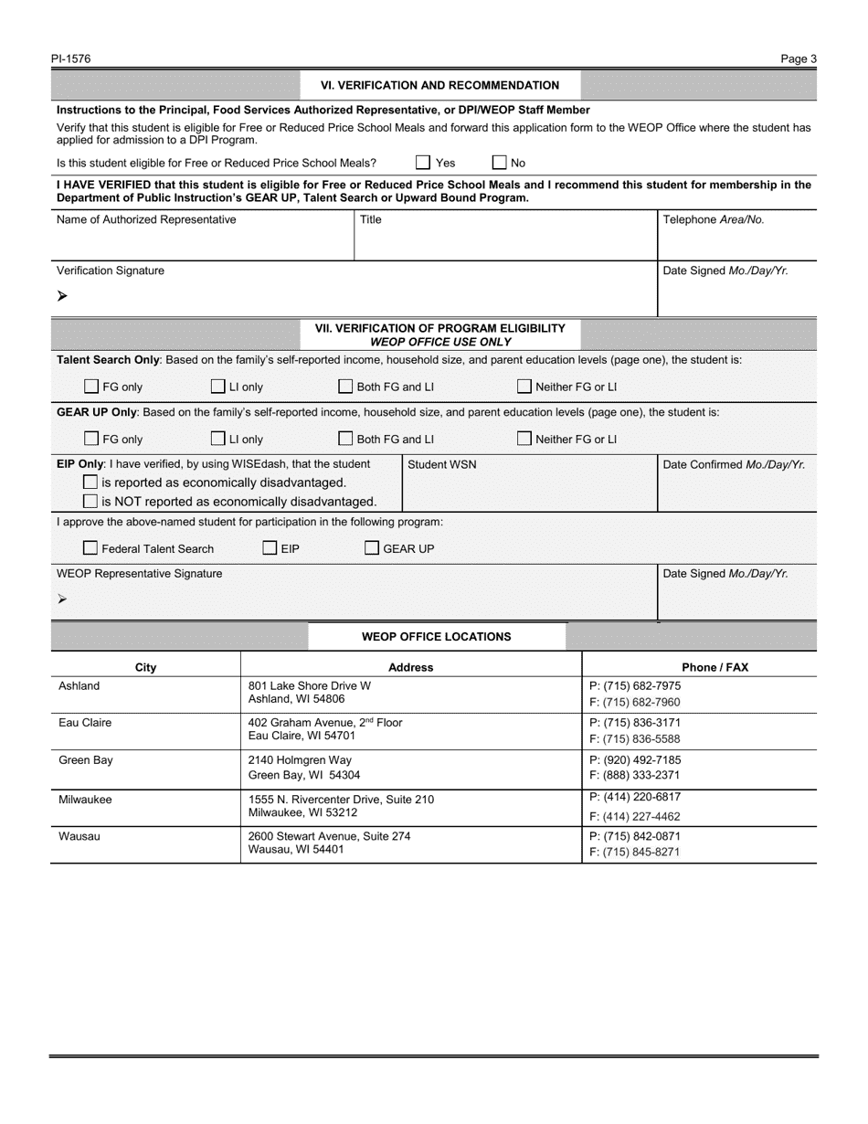 Form WI-1576 Student Enrollment Application - Wisconsin Educational Opportunity Program (Weop) - Wisconsin, Page 3