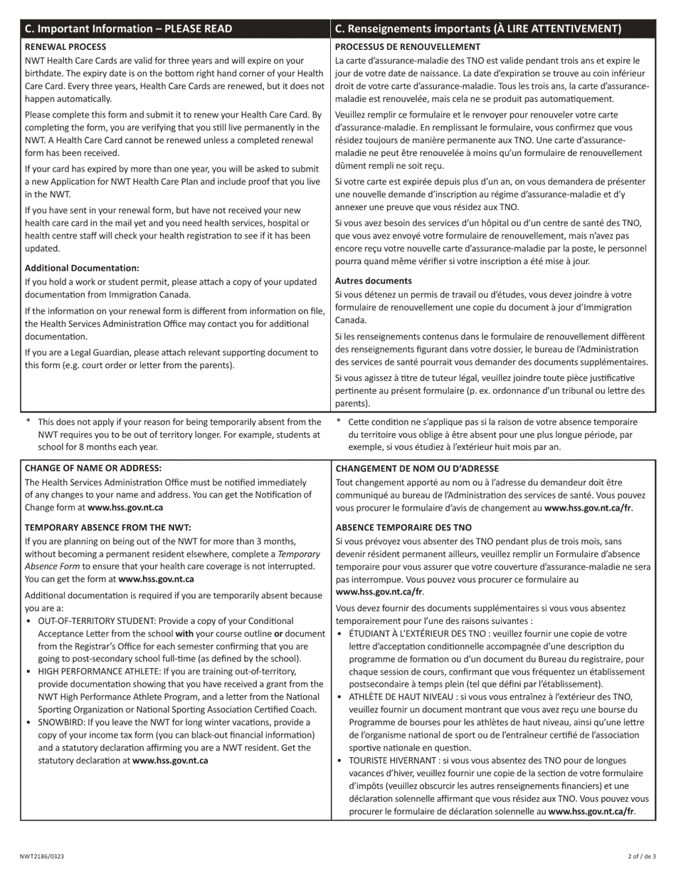 Form NWT2186 Northwest Territories Health Care Card Renewal Form - Northwest Territories, Canada (English / French), Page 2