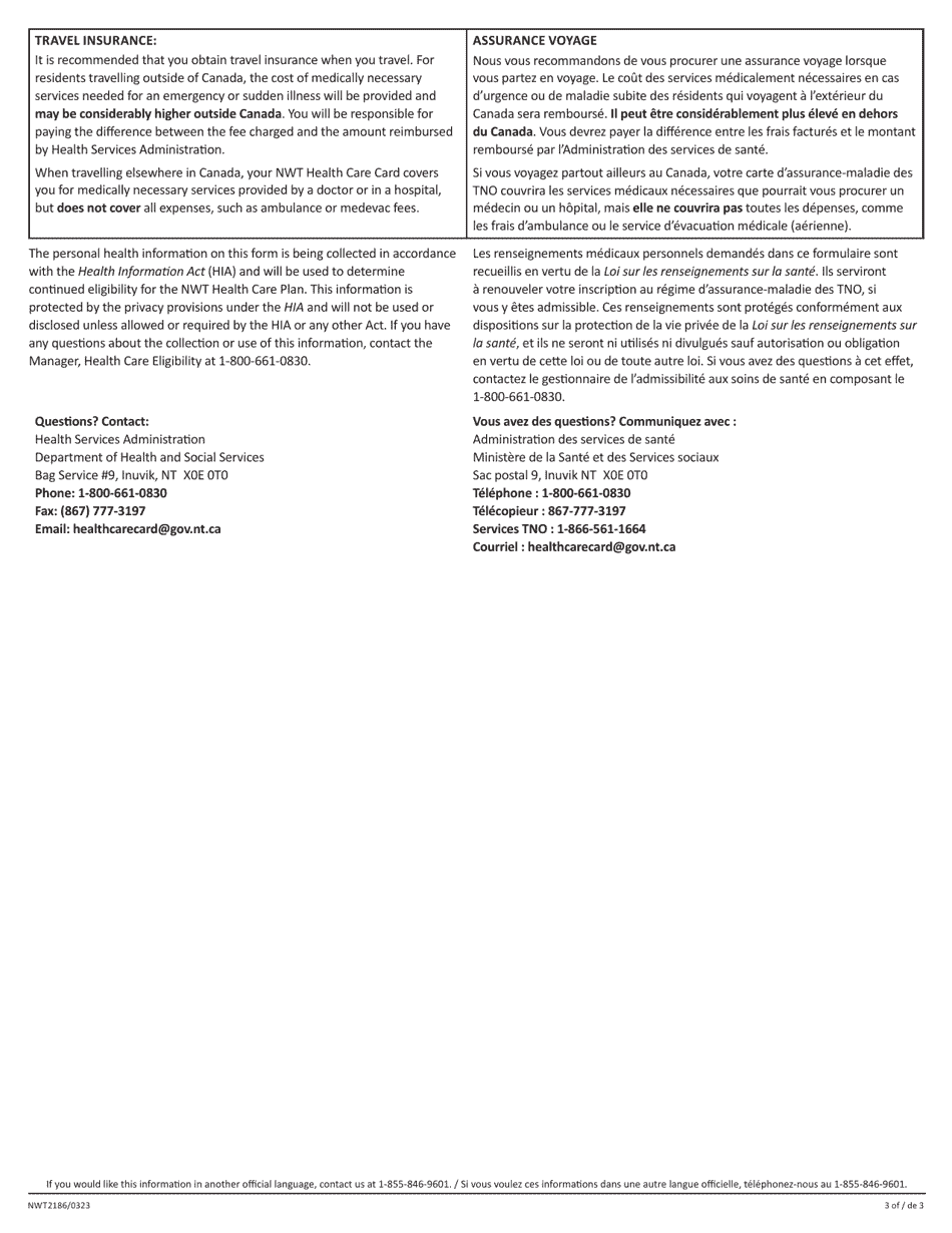 Form NWT2186 Northwest Territories Health Care Card Renewal Form - Northwest Territories, Canada (English / French), Page 3