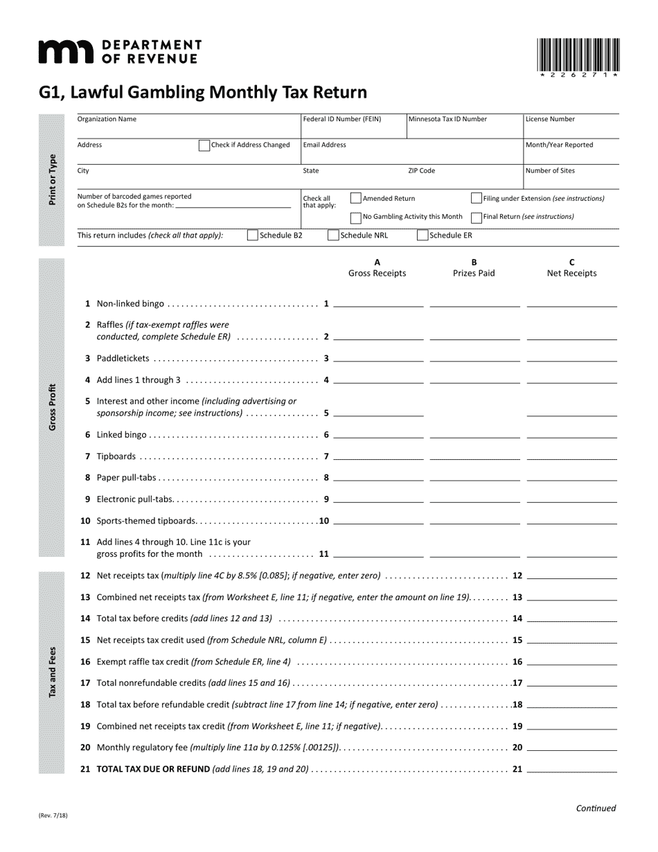 Form G1 Lawful Gambling Monthly Tax Return - Minnesota, Page 1