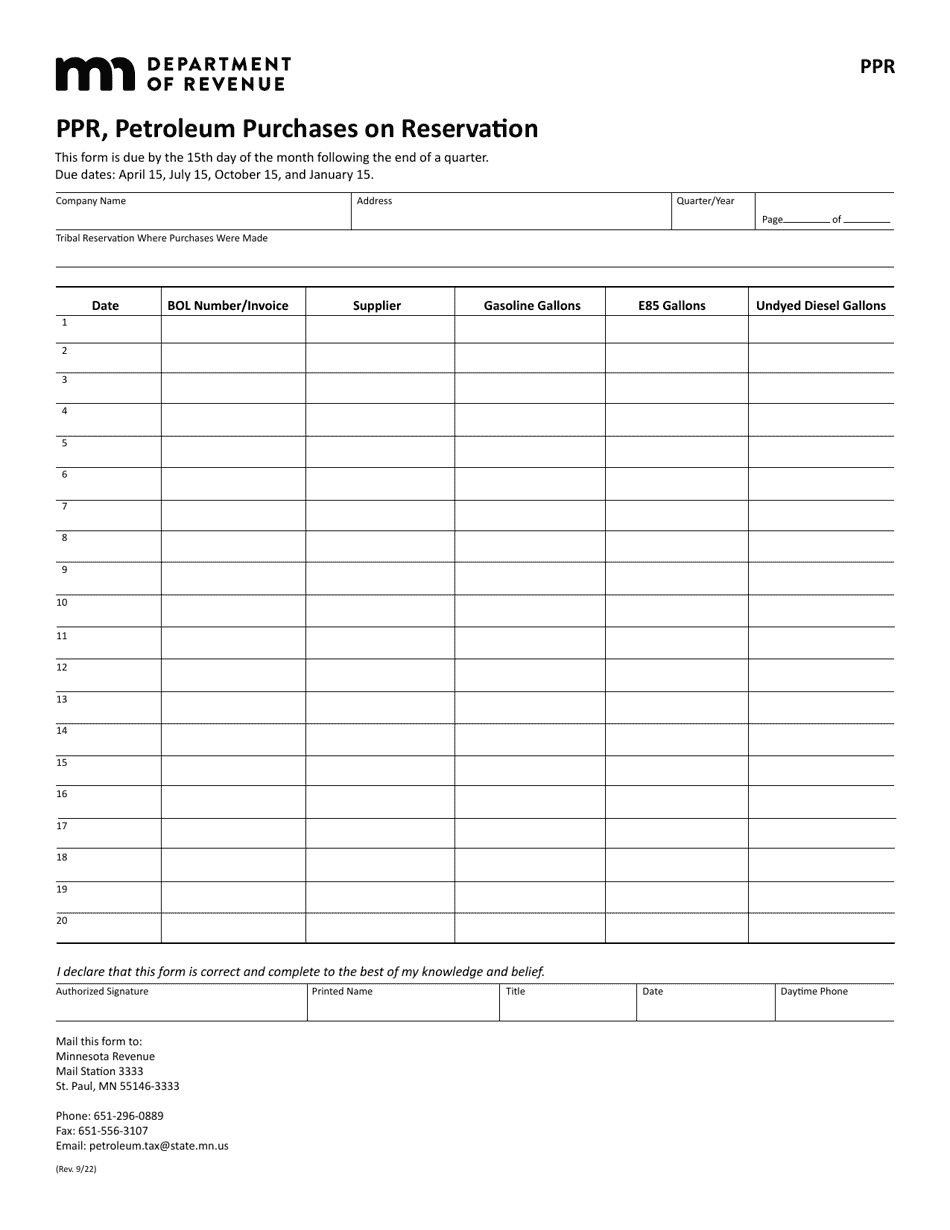 Form PPR Petroleum Purchases on Reservation - Minnesota, Page 1