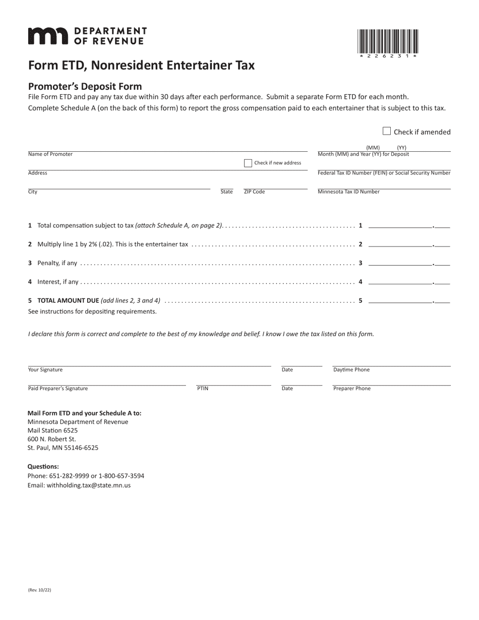 Form ETD Nonresident Entertainer Tax - Minnesota, Page 1