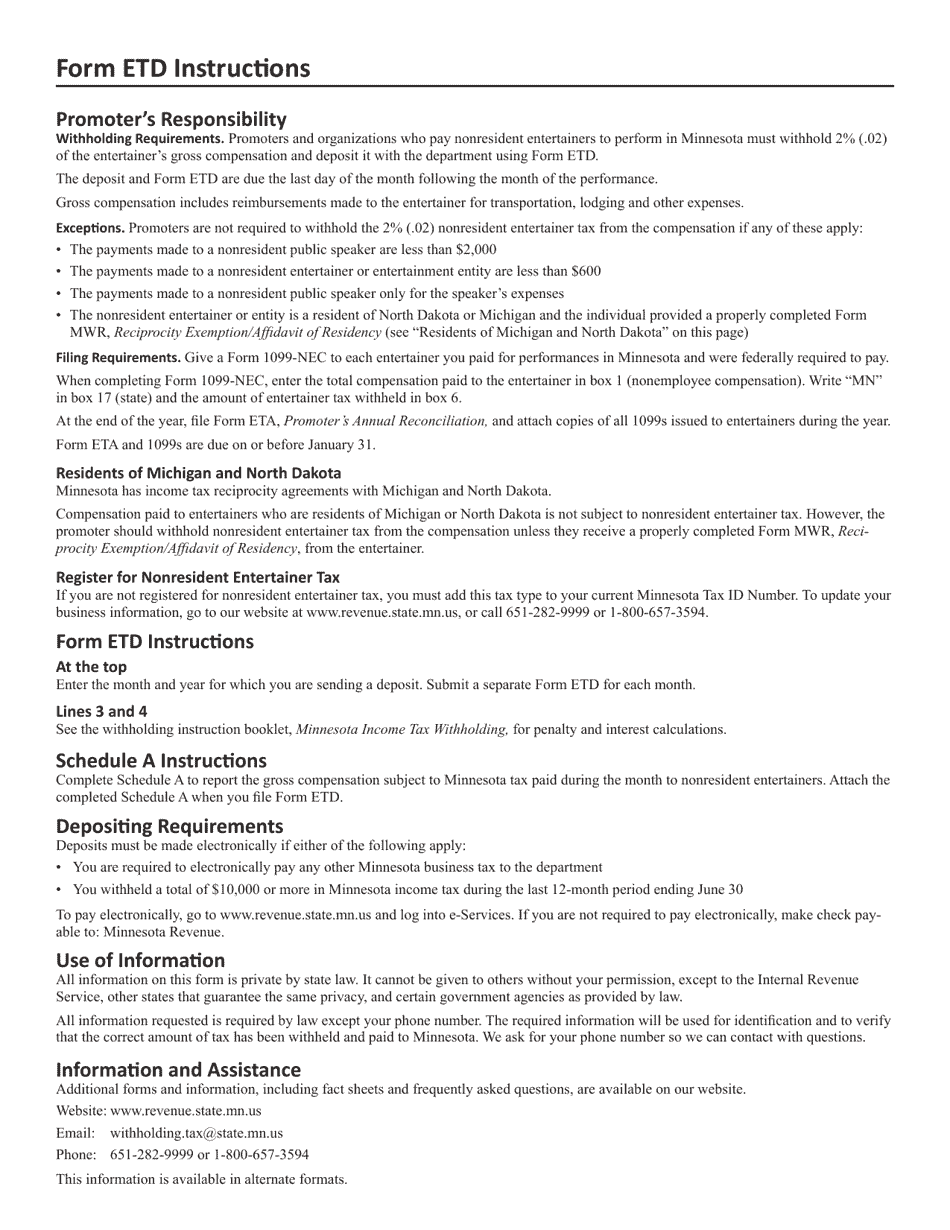 Form ETD Nonresident Entertainer Tax - Minnesota, Page 3