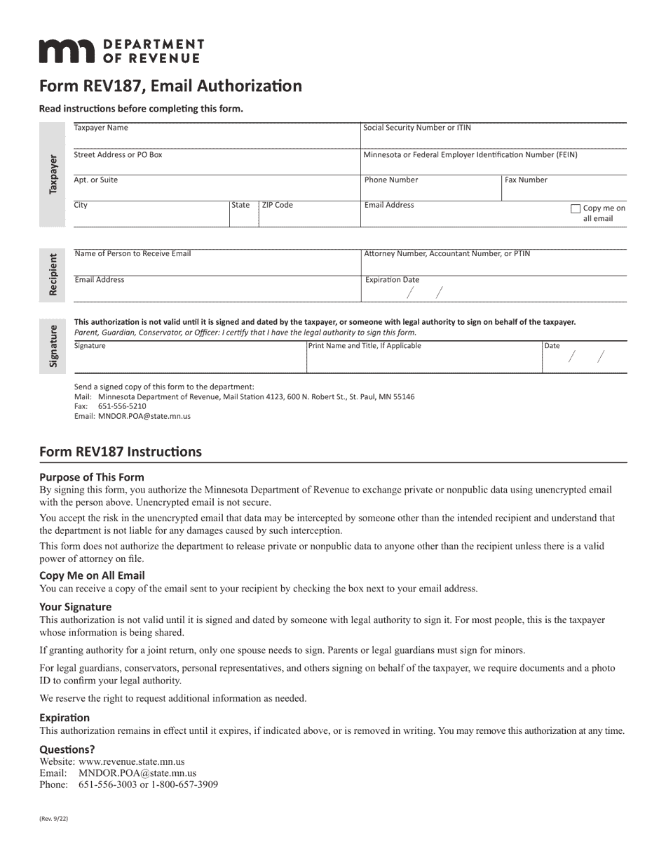 Form REV187 Email Authorization - Minnesota, Page 1