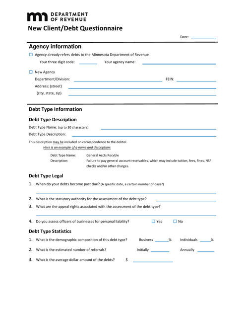 New Client / Debt Questionnaire - Minnesota Download Pdf
