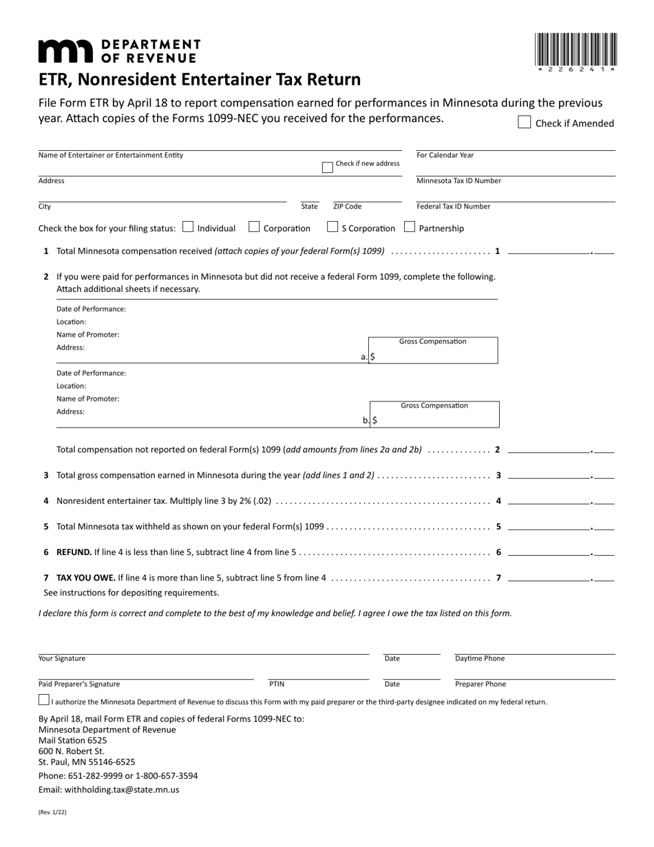 Form ETR Nonresident Entertainer Tax Return - Minnesota, Page 1