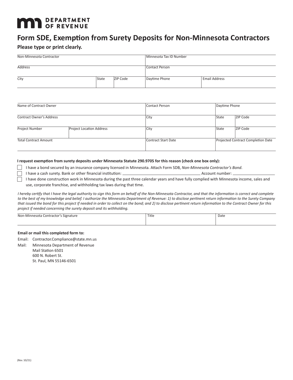 Form SDE Exemption From Surety Deposits for Non-minnesota Contractors - Minnesota, Page 1