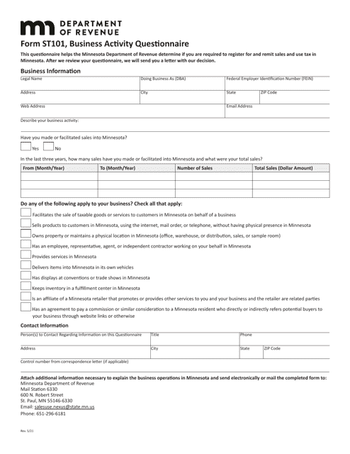 Form ST101 Business Activity Questionnaire - Minnesota