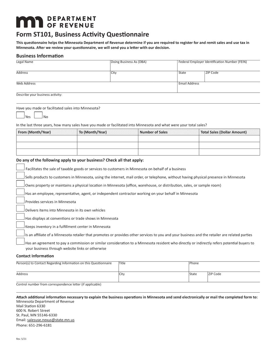 Form ST101 Fill Out, Sign Online and Download Fillable PDF, Minnesota