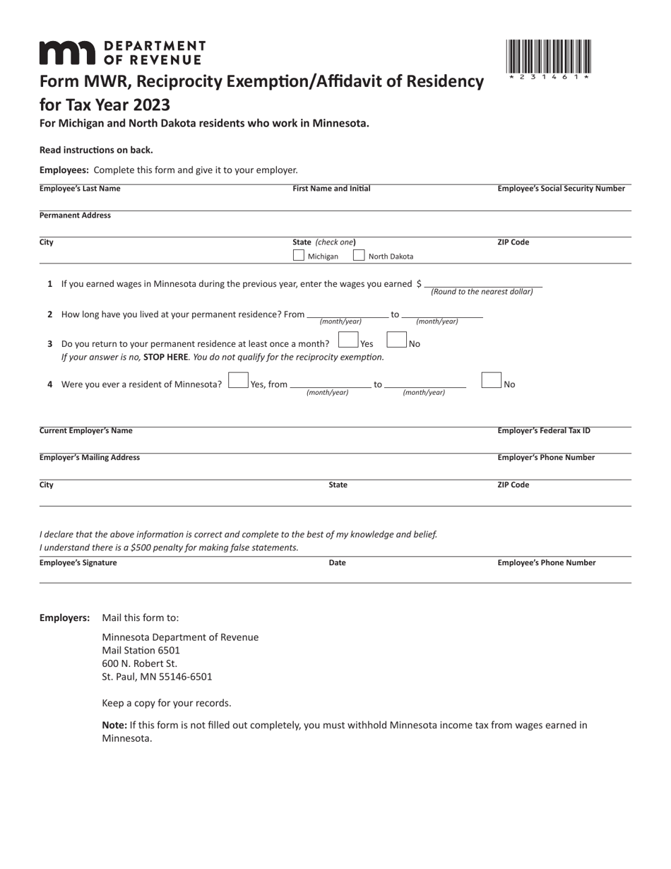 Form MWR Reciprocity Exemption / Affidavit of Residency or Michigan and North Dakota Residents Who Work in Minnesota - Minnesota, Page 1