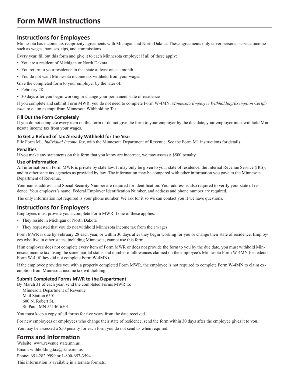 Form MWR Reciprocity Exemption / Affidavit of Residency or Michigan and North Dakota Residents Who Work in Minnesota - Minnesota, Page 2