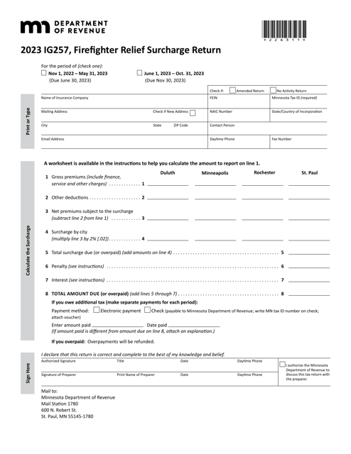 Form IG257 Firefighter Relief Surcharge Return - Minnesota, 2023
