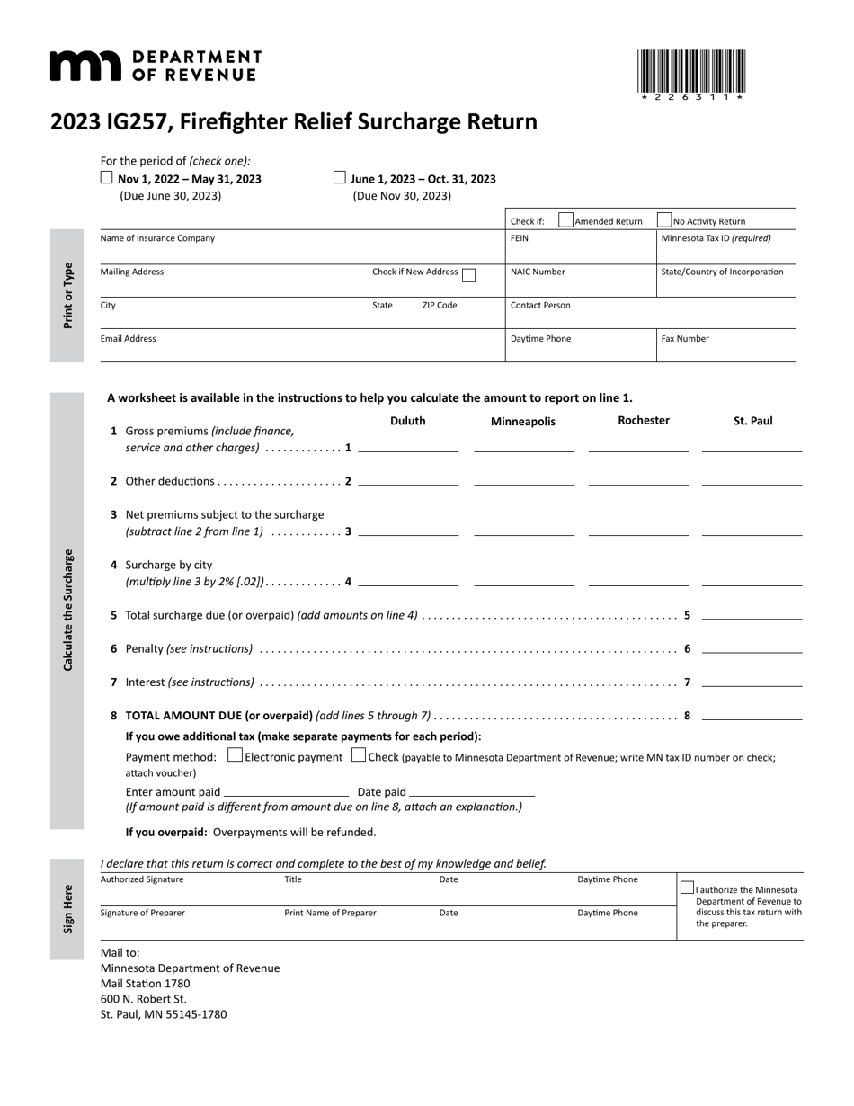Form IG257 Firefighter Relief Surcharge Return - Minnesota, Page 1