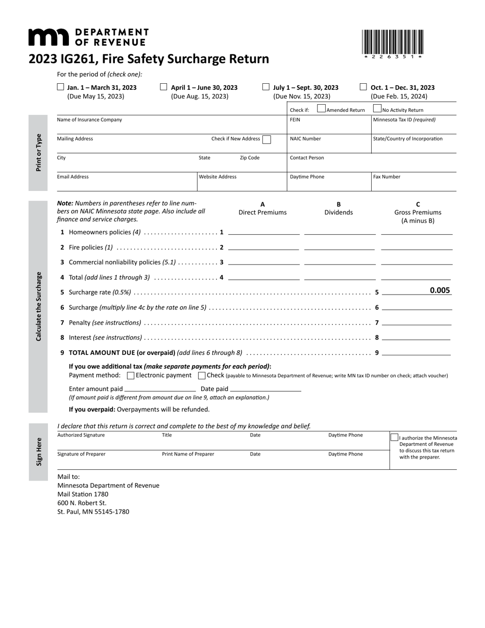 Form IG261 Fire Safety Surcharge Return - Minnesota, Page 1