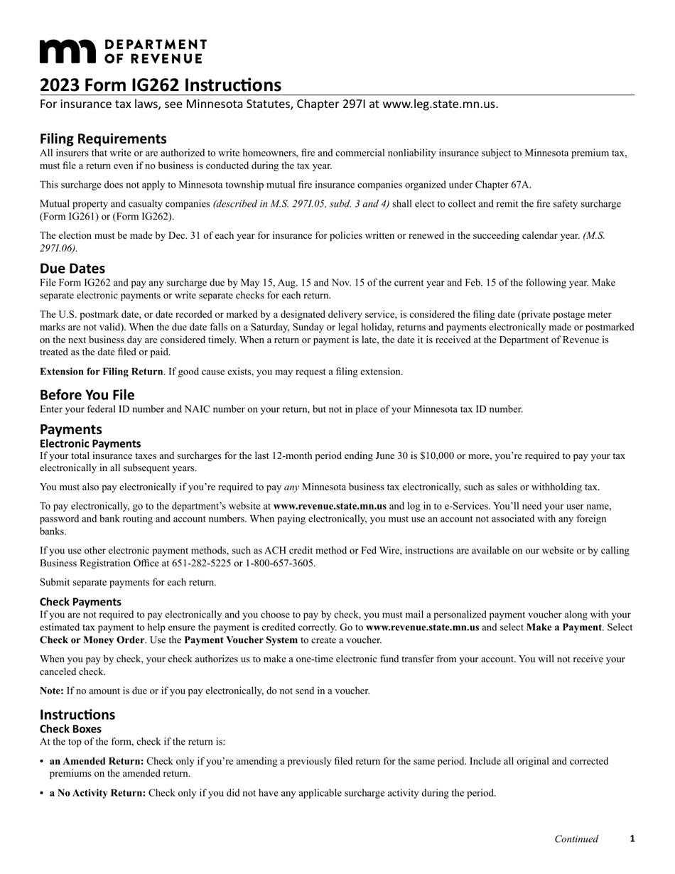 Form IG262 Fire Safety Surcharge Return for Mutual Companies - Minnesota, Page 2