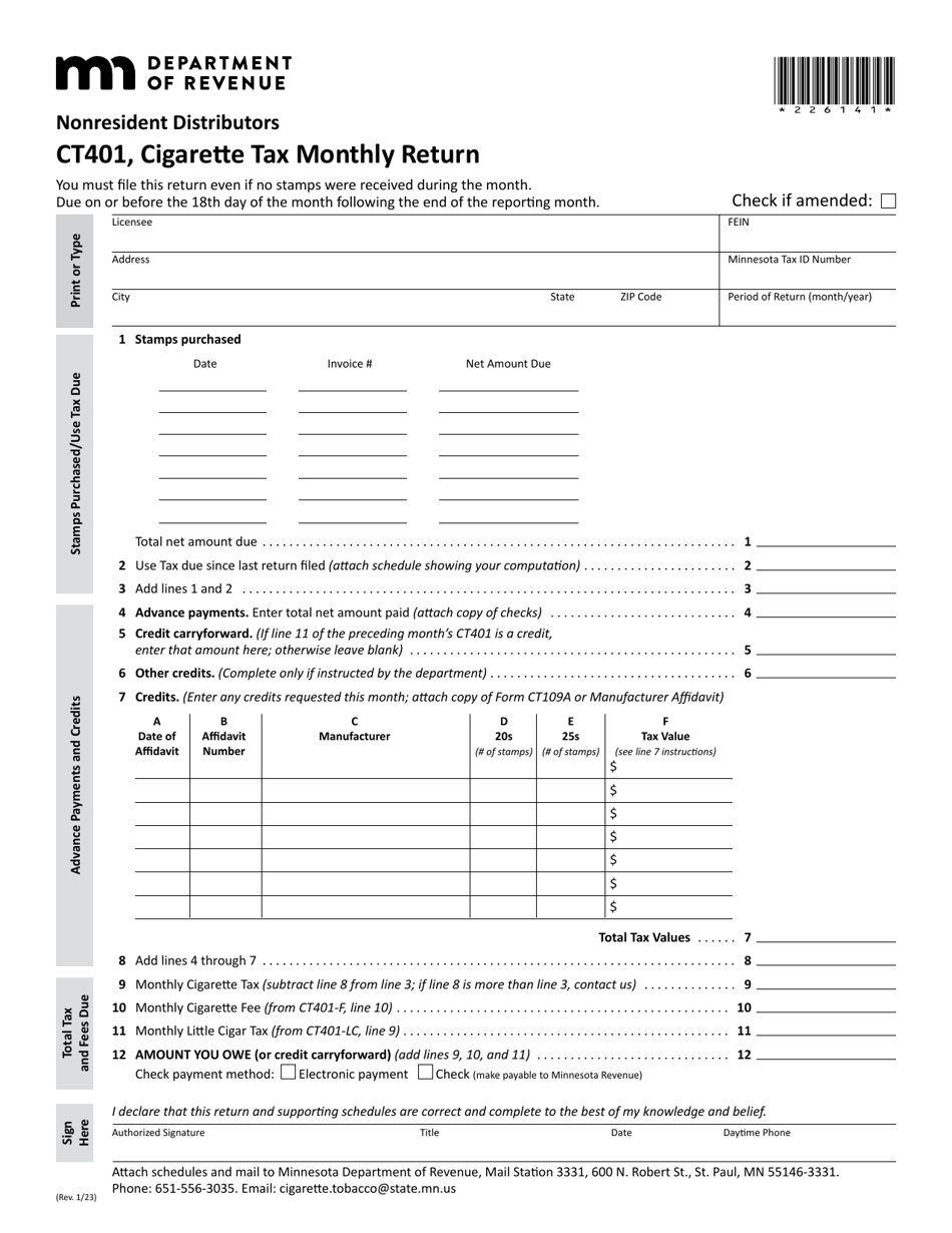 Form CT401 Cigarette Tax Monthly Return - Nonresident Distributors - Minnesota, Page 1