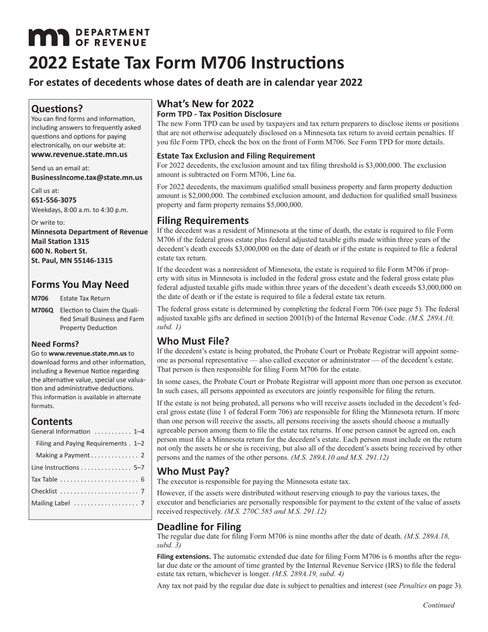 Download Instructions for Form M706 Estate Tax Return PDF, 2022