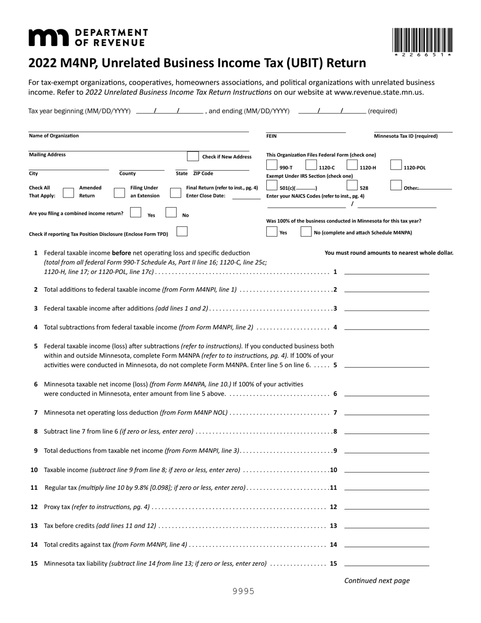 Form M4NP Unrelated Business Income Tax (Ubit) Return - Minnesota, Page 1