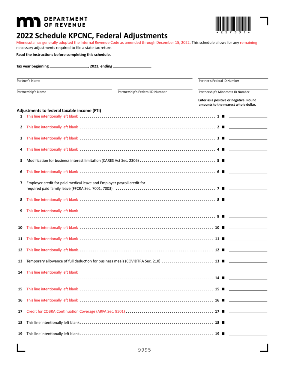 Schedule KPCNC Federal Adjustments - Minnesota, Page 1