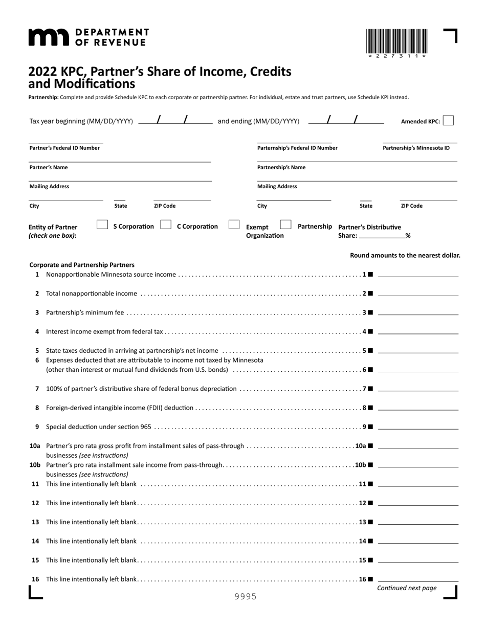 Form KPC Partners Share of Income, Credits and Modifications - Minnesota, Page 1