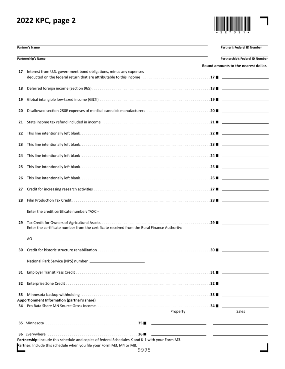 Form KPC Partners Share of Income, Credits and Modifications - Minnesota, Page 2