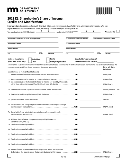Form KS Shareholder&#039;s Share of Income, Credits and Modifications - Minnesota, 2022