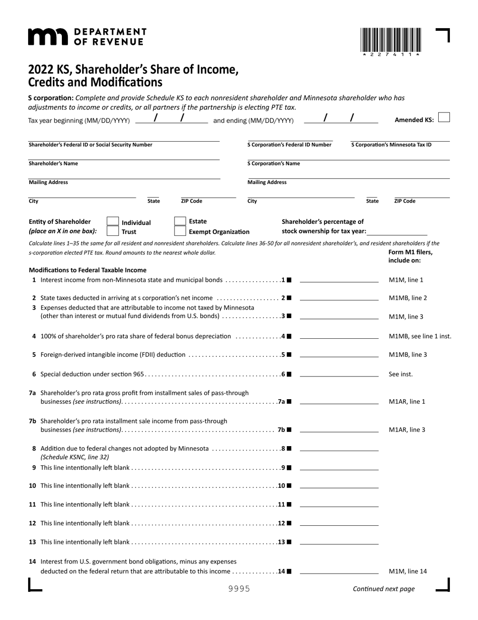 Form KS Shareholders Share of Income, Credits and Modifications - Minnesota, Page 1