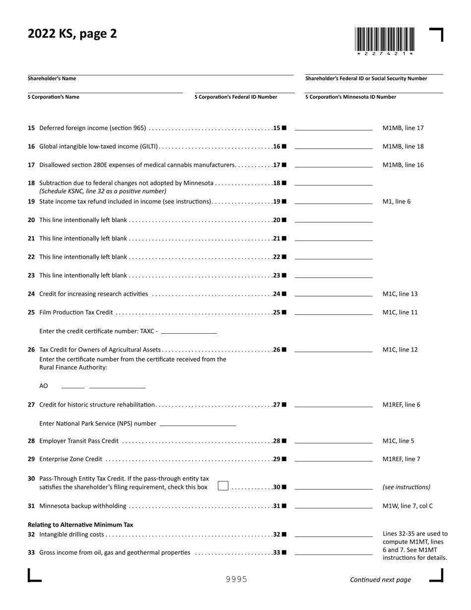 Form KS Shareholders Share of Income, Credits and Modifications - Minnesota, Page 2