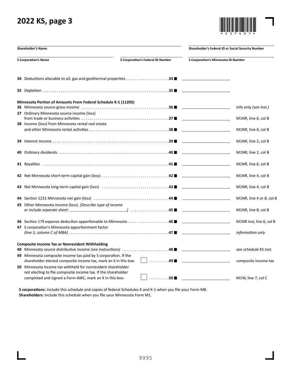 Form KS Shareholders Share of Income, Credits and Modifications - Minnesota, Page 3