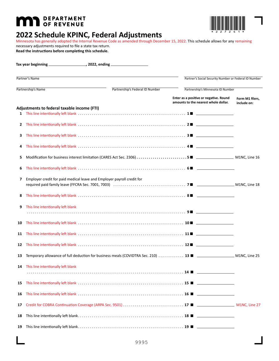 Schedule KPINC Federal Adjustments - Minnesota, Page 1