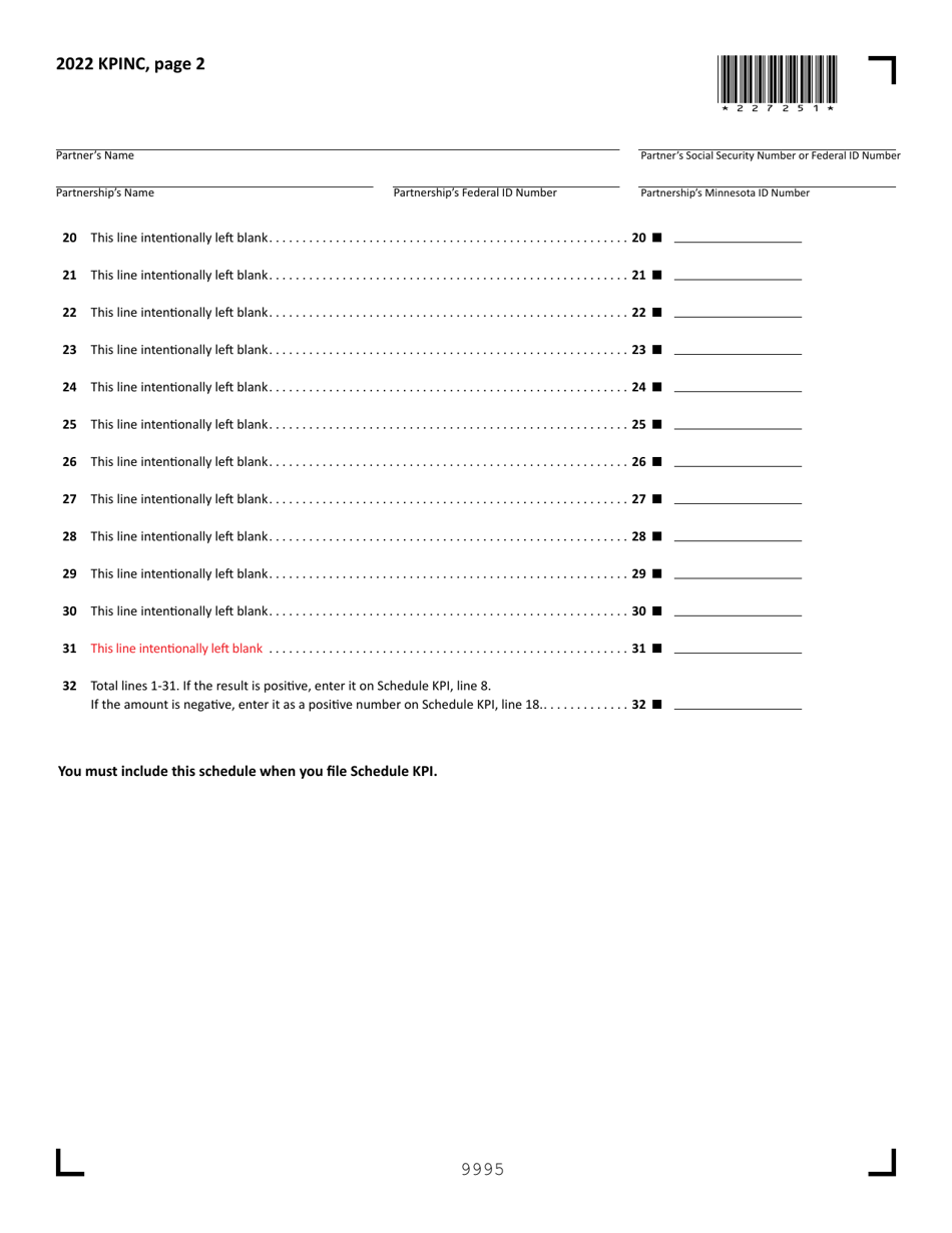 Schedule KPINC Federal Adjustments - Minnesota, Page 2