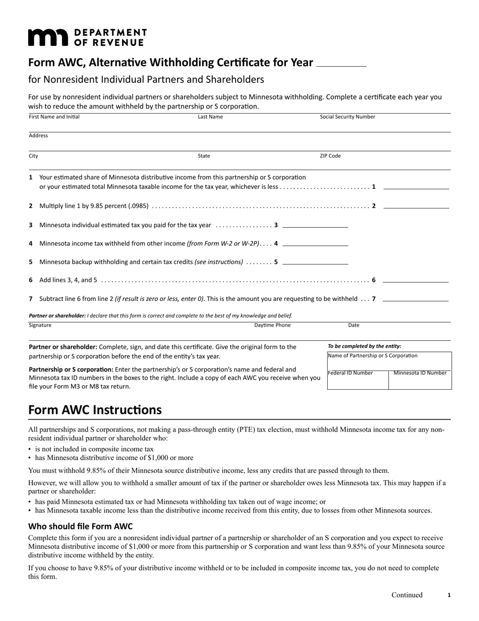 Form AWC Alternative Withholding Certificate for Nonresident Individual Partners and Shareholders - Minnesota, Page 1
