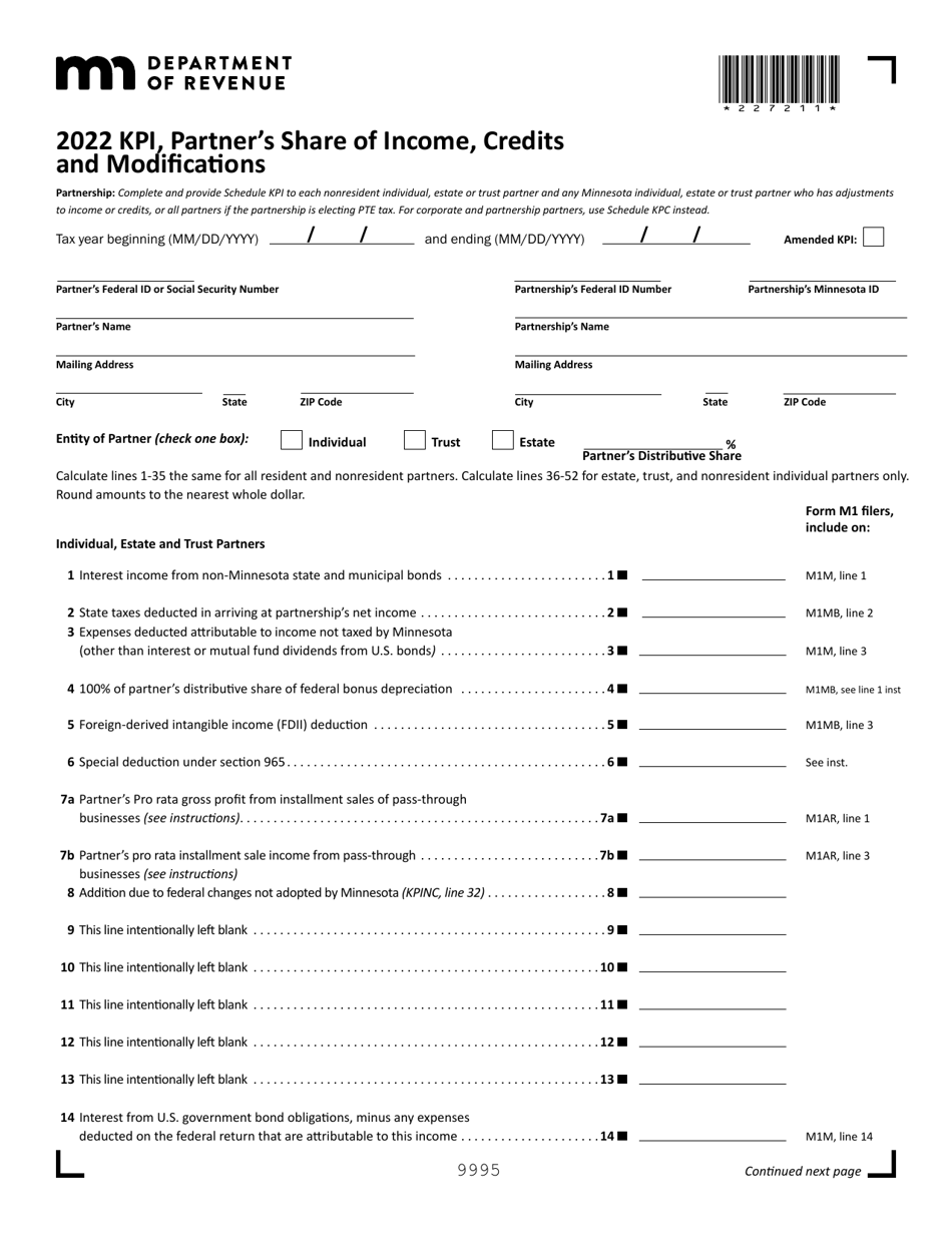 Form KPI Partners Share of Income, Credits and Modifications - Minnesota, Page 1