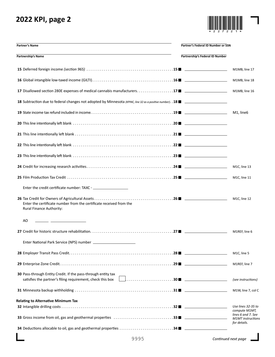 Form KPI Partners Share of Income, Credits and Modifications - Minnesota, Page 2