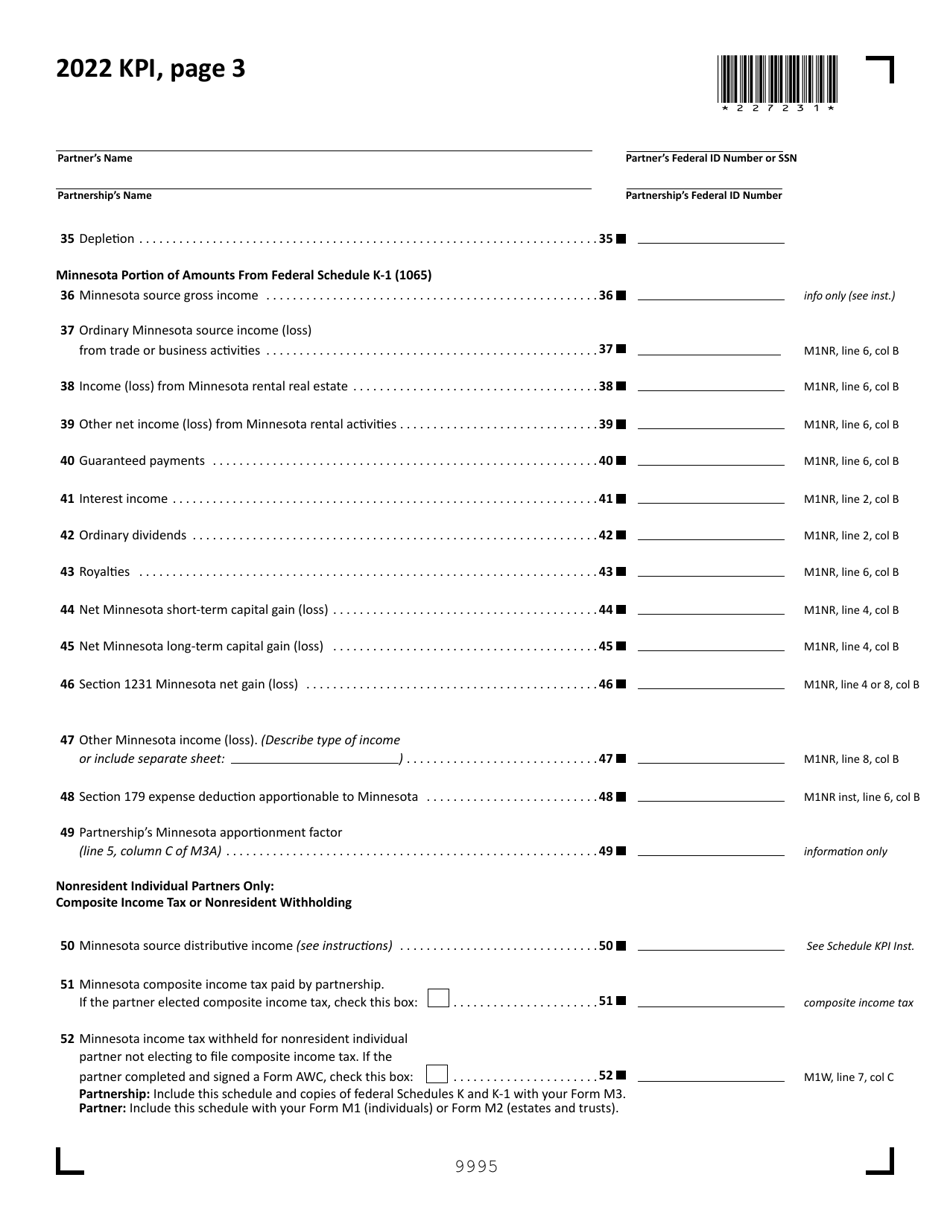 Form KPI Partners Share of Income, Credits and Modifications - Minnesota, Page 3
