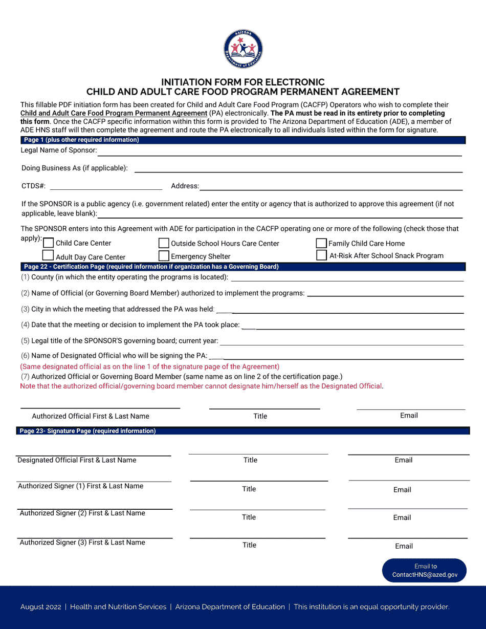 Initiation Form for Electronic Child and Adult Care Food Program Permanent Agreement - Arizona, Page 1