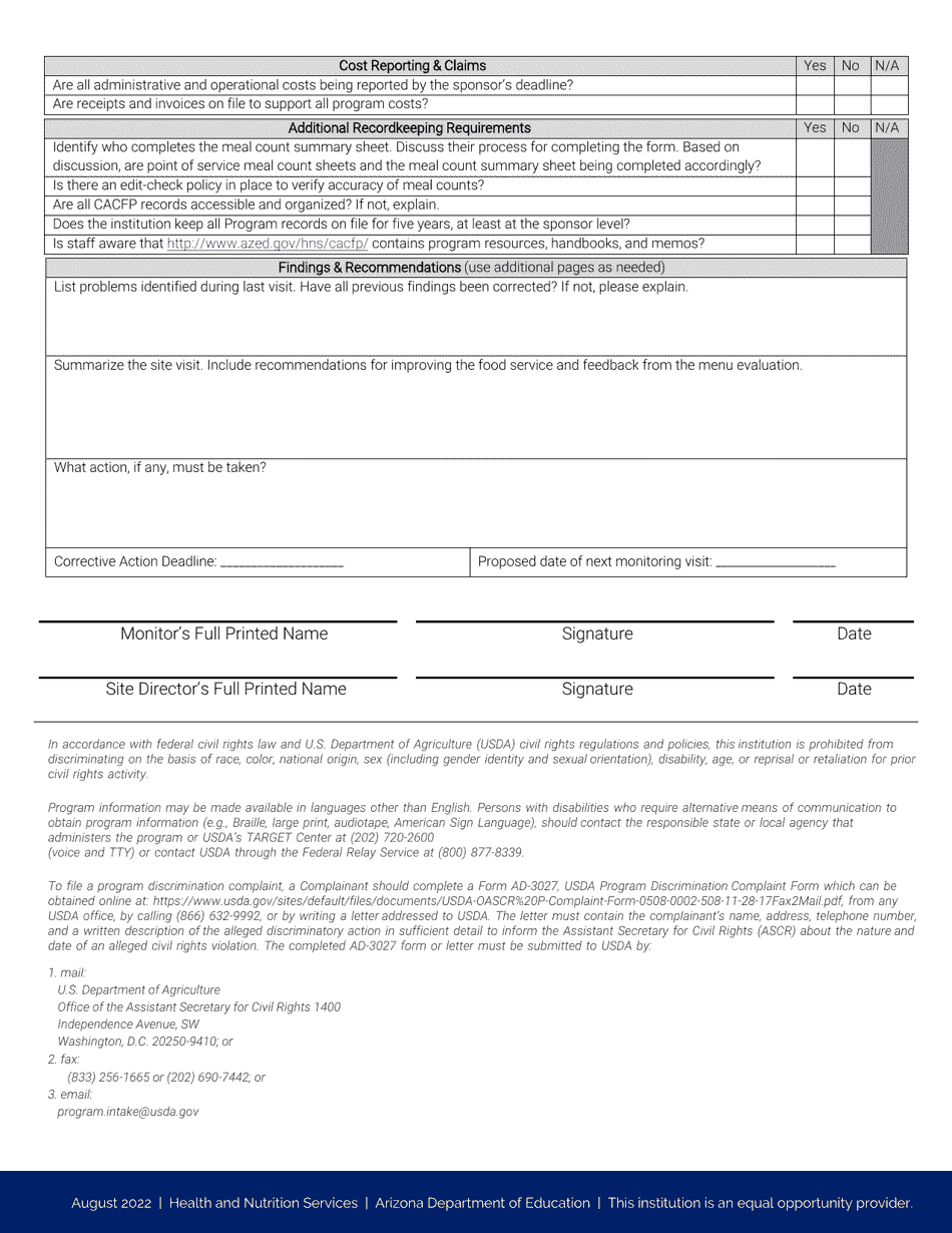 Monitoring Visit Form - Arizona, Page 4