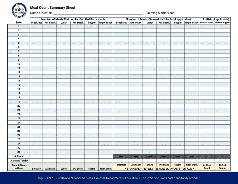 Meal Count Summary Sheet - Arizona Download Pdf
